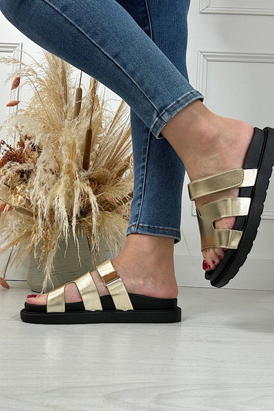Polly Velcro Strap Sandal In Black & Gold