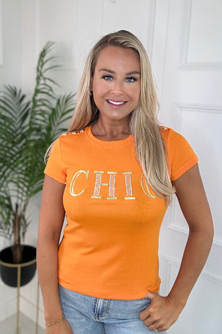 CHIC Gold Button T-Shirt In Orange