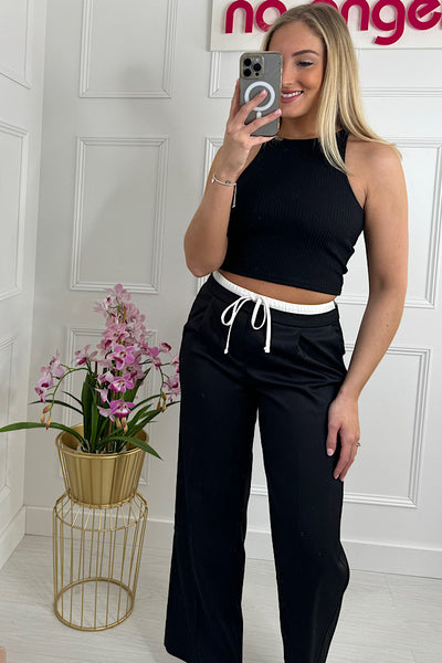 Black Wide Leg Trousers With Double Waistband