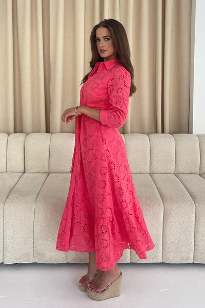 Angela Broidery Maxi Shirt Dress In Coral