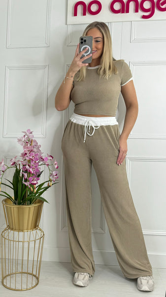 Morgan Taupe Contrast Waistband Trouser And Top Co-Ord