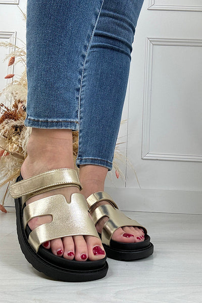Polly Velcro Strap Sandal In Black & Gold