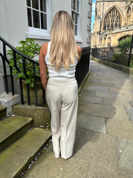 Stone Wide Leg Trousers With Double Waistband