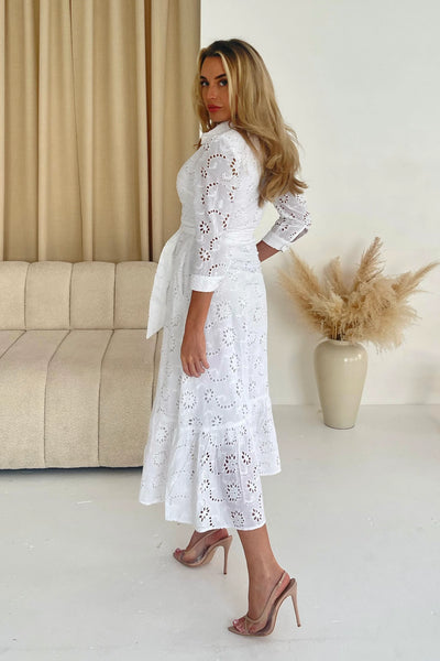 Angela Broidery Maxi Shirt Dress In White