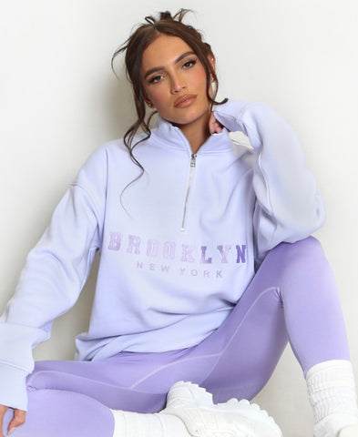 Lilac BROOKLYN Slogan Zip Sweatshirt