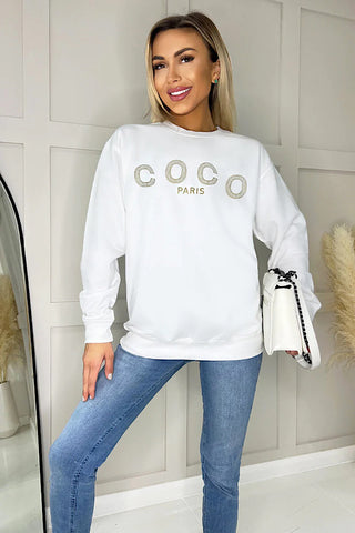 White Coco Gold Slogan Oversized Sweatshirt