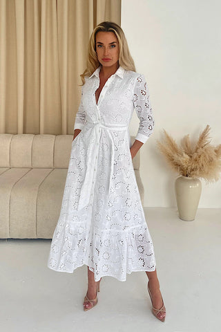 Angela Broidery Maxi Shirt Dress In White