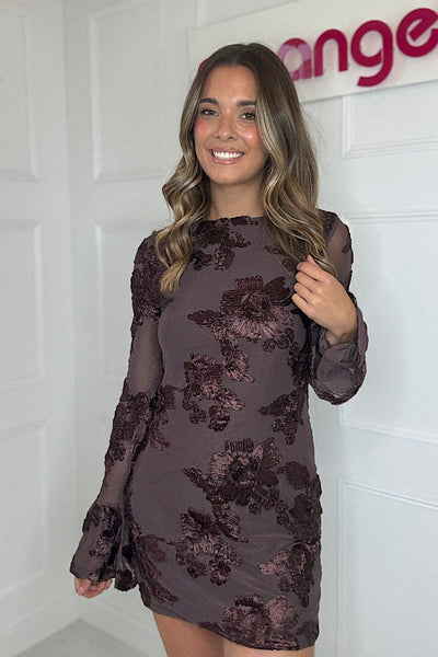 Chocolate Floral Lace Lined Mini Dress