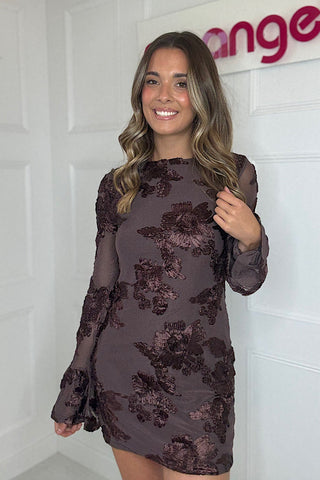 Chocolate Floral Lace Lined Mini Dress