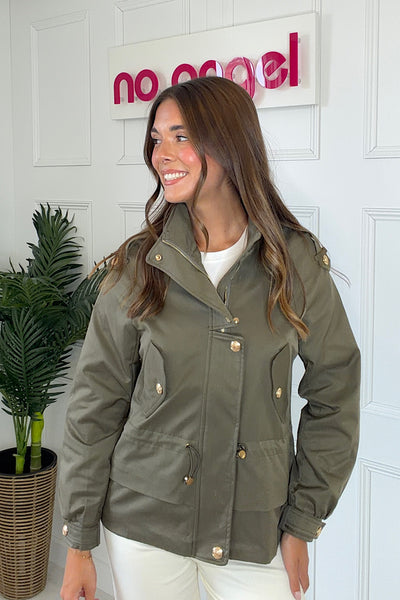 Willow Khaki Tie Neck Tie Waist Bomber Jacket