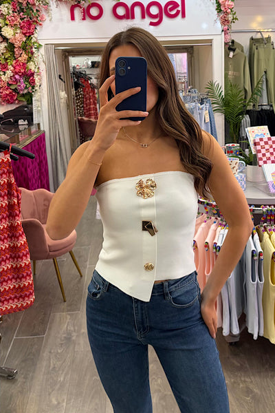 White Strapless Bandeau Top With Statement Buttons