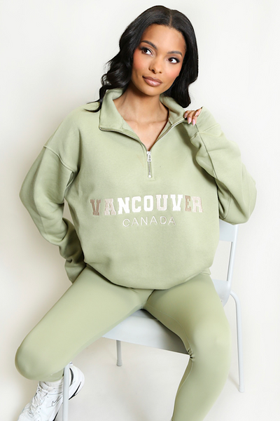 Sage Green Vancouver Slogan 1/4 Zip Sweatshirt