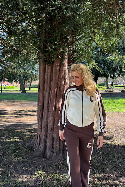 Khloe Two-Tone Varsity Cream Co-Ord Set With Brown Contrast