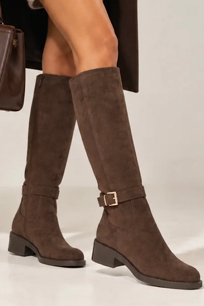 Beau Brown Suedette Knee High Elasticated Riding Boots with Buckle Detail