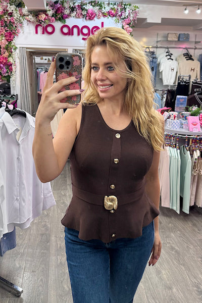 Penelope Peplum Top In Chocolate Brown With Gold Detail