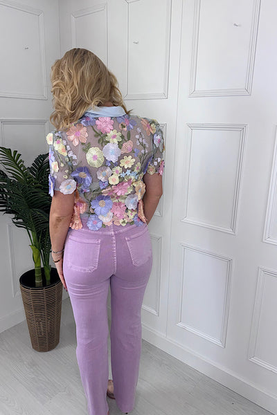 Floral Embroidered Sheer Blouse With Short Sleeves In Pale Lilac