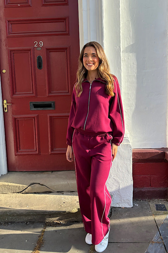 Perri Contrast Trim Tracksuit In Burgundy