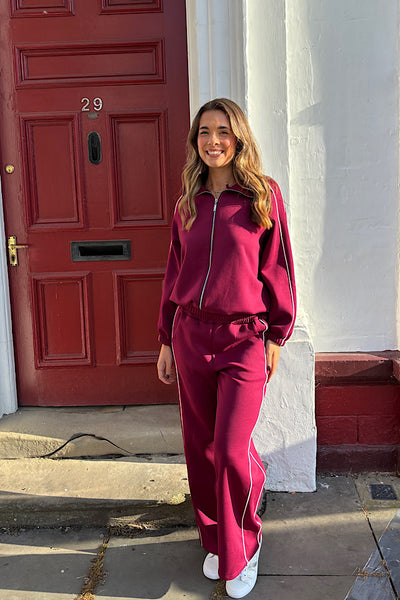 Perri Contrast Trim Tracksuit In Burgundy