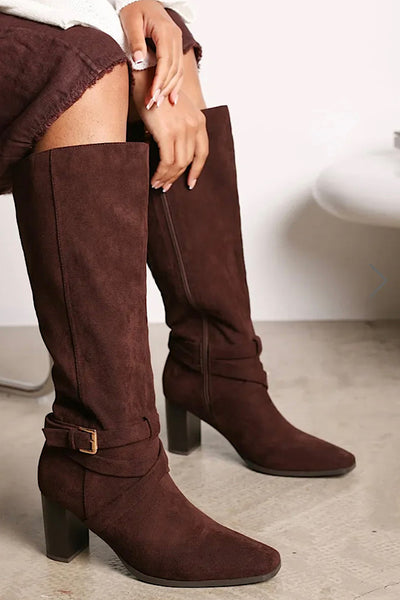 Zoe Brown Suedette Knee High Block Heel Boots