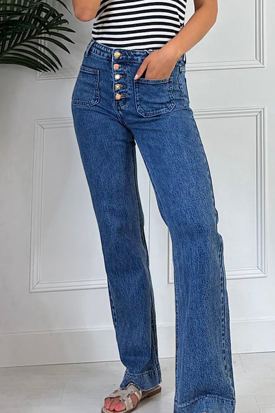 Lila Blue Mid Wash Denim Multi Button Wide Leg Stretch Jeans