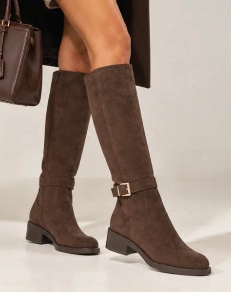 Beau Brown Suedette Knee High Elasticated Riding Boots with Buckle Detail