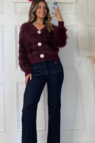 Burgundy Faux Fur Panelled Cardigan