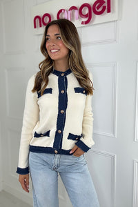 Cream Denim Trim Cardigan