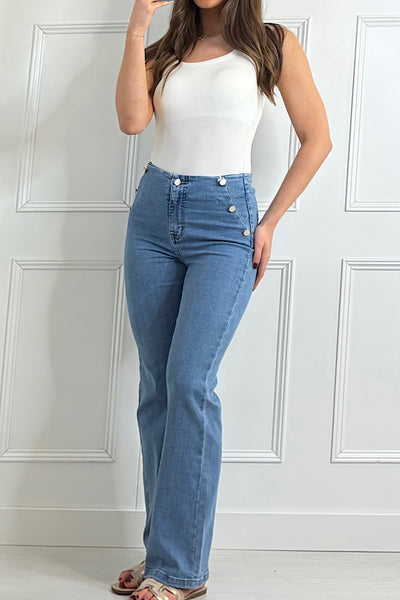 Danni Pearl Pocket Button Jeans In Blue Denim