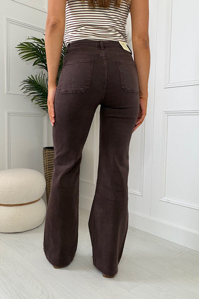 Lila Chocolate Multi Button Wide Leg Stretch Jeans