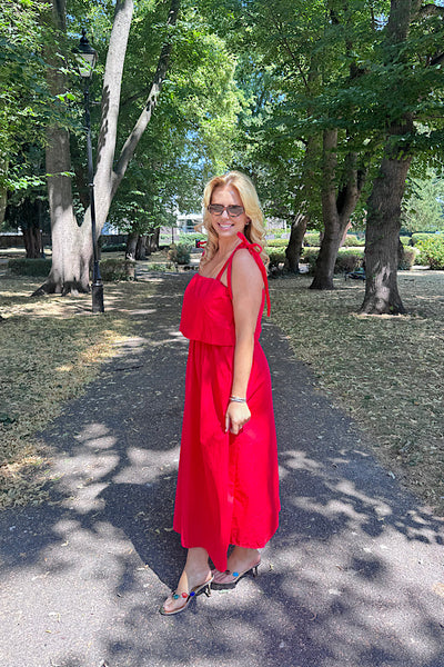 Red Tie Shoulder Midi Dress