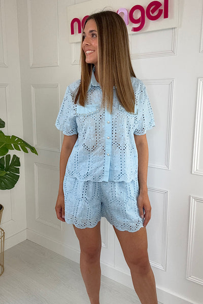 Blue Embroidery Anglaise Diamanté Collar Co-Ord