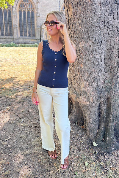 Imogen Zig Zag Ribbed Knit With Gold Hearts In Navy