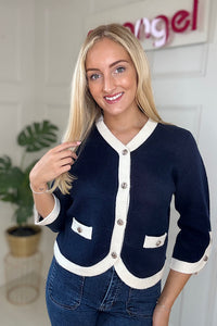 Joanie Contrast Trim Cardigan In Navy