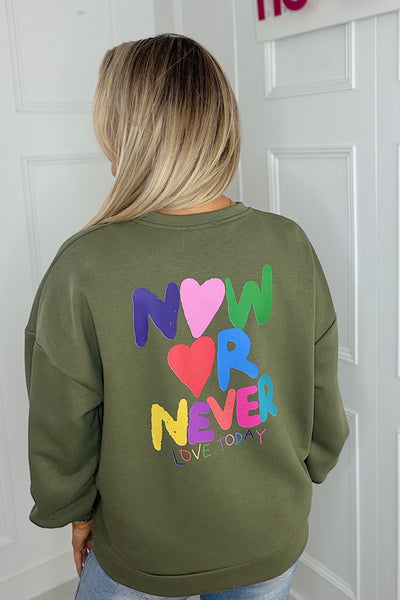 NOW OR NEVER Back Slogan Sweatshirt In Khaki