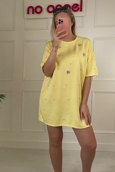 Lemon Oversized T-Shirt Dress With Diamanté Front