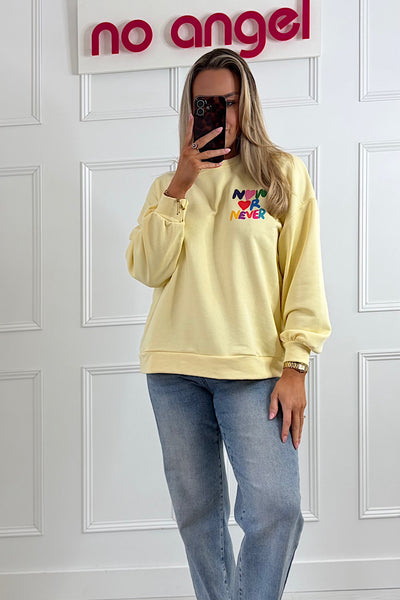 NOW OR NEVER Back Slogan Sweatshirt In Lemon