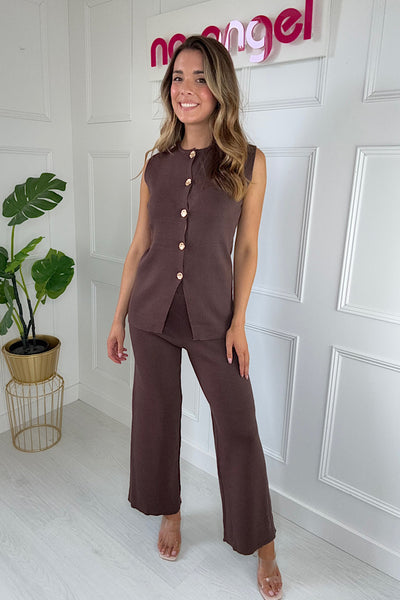 Chocolate Knitted Gold Button Peplum Waistcoat And Waistcoat