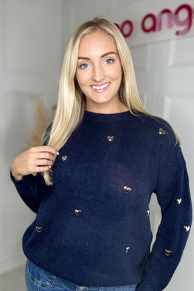 Navy Blue Silver Heart Detail Jumper