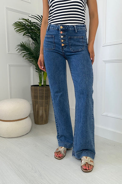 Lila Blue Mid Wash Denim Multi Button Wide Leg Stretch Jeans