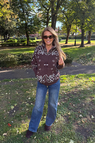 Margot Bandana Print Zip Up Cardigan In Chocolate
