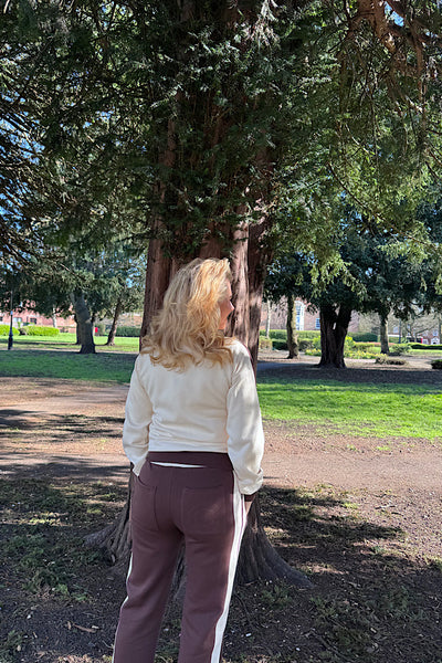 Khloe Two-Tone Varsity Cream Co-Ord Set With Brown Contrast