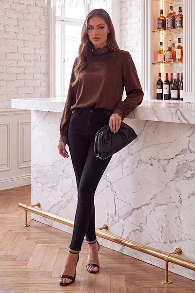 Chocolate High Neck Lace Trim Blouse