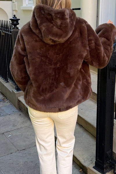 Eden Fux Fur Hooded Jacket In Chocolate