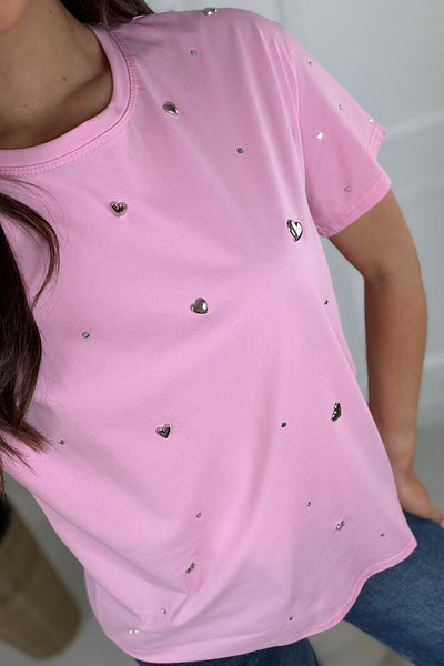Beth Pastel Pink T-Shirt With Silver Heart Embellishment