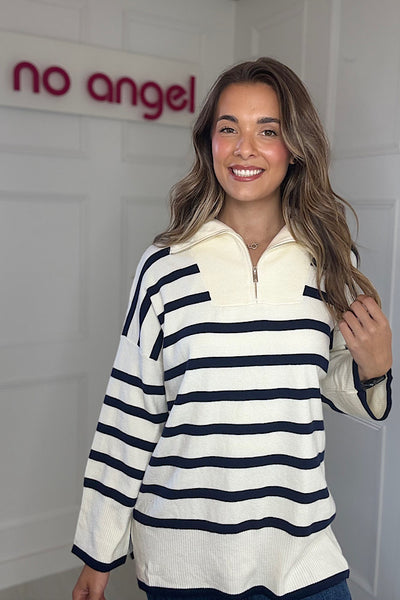 Stripe 1/4 Zip Jumper In Cream
