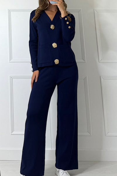 Gold Button Cardigan And Trouser Co-ord In Blue
