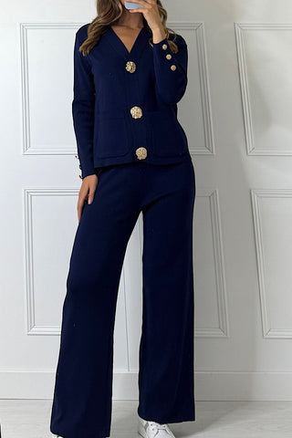 Gold Button Cardigan And Trouser Co-ord In Blue