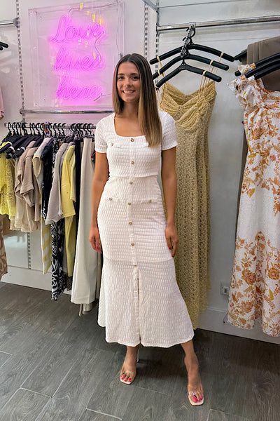 Ivory Textured Gold Button Midi Dress