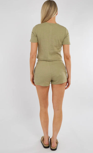 Ribbed Button Up Top & Shorts Co-ord In Sage