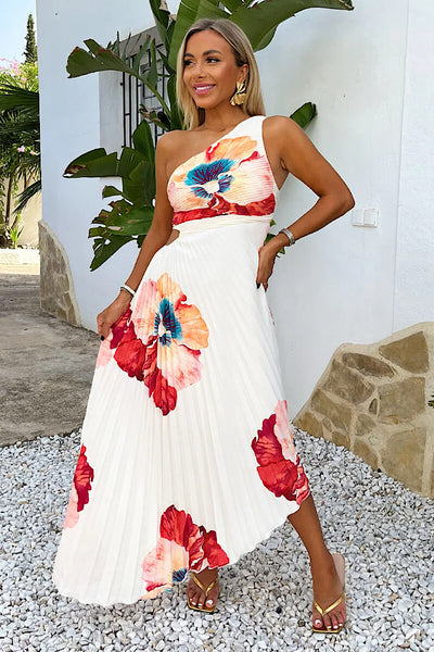 Cream Floral Print One Shoulder Cut Out Pleated Midi Dress
